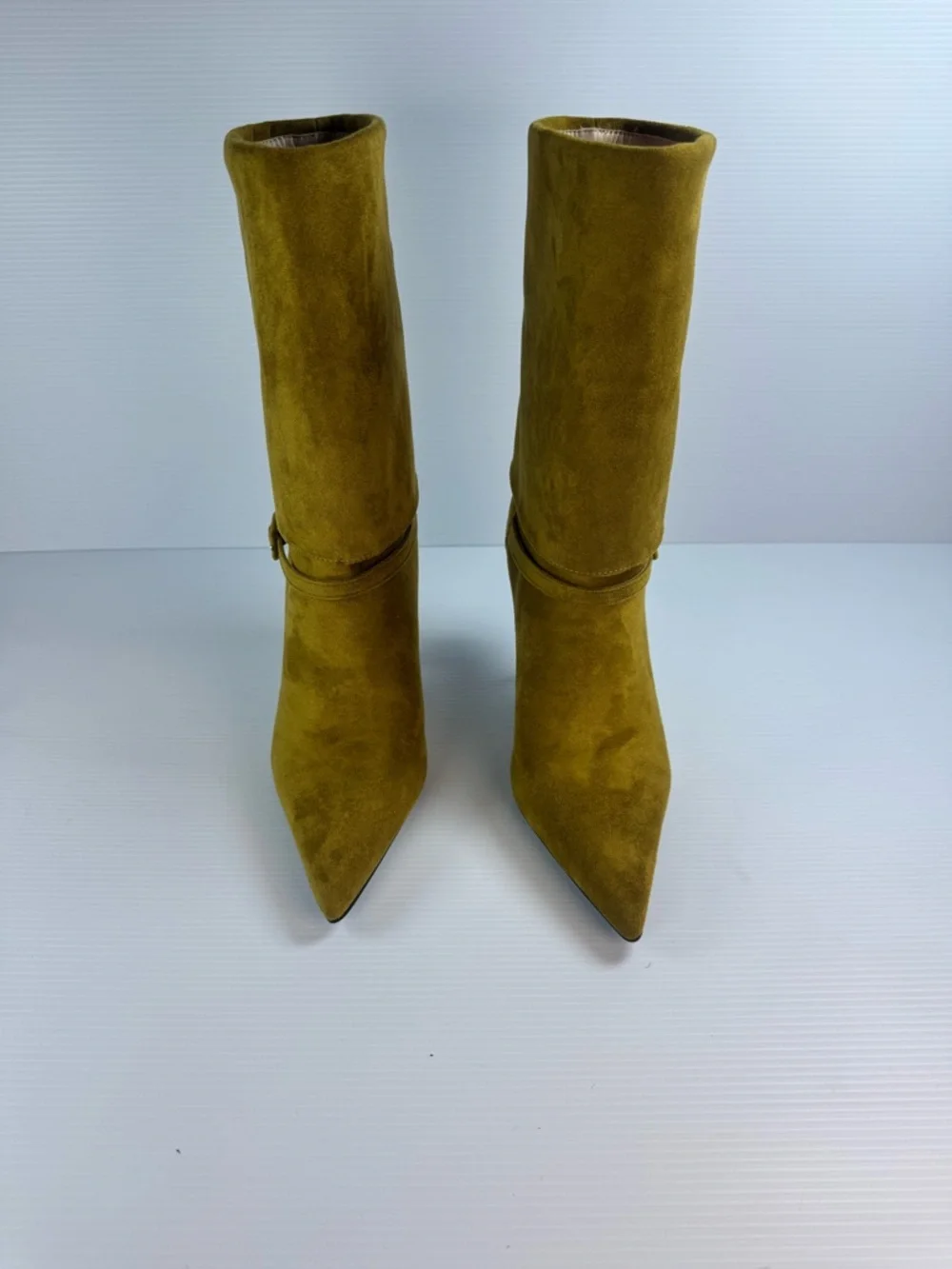 AKIRA Winding Olive Green Suede Pointed Toe Mid-Calf Boots Stiletto Heel Size 7 - Picture 2 of 6